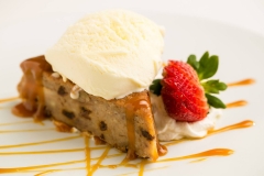 Elements serves local dessert specialty Pan Bolo - bread pudding-cake with raisins_ chopped prunes and nuts_ Served with van